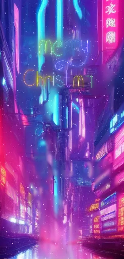 Cyberpunk cityscape with neon lights and Merry Christmas message.