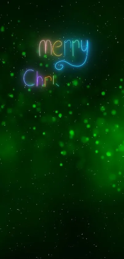 Neon Merry Christmas text on green starry background.