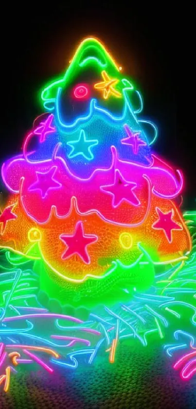 Neon Christmas tree with star decorations and vibrant colors on a black background.