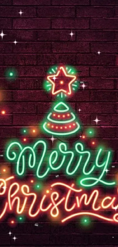 Neon Merry Christmas design on dark brick background with festive lights.