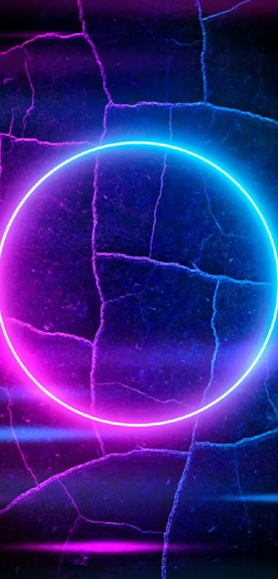 Vibrant neon circle on dark cracked background.