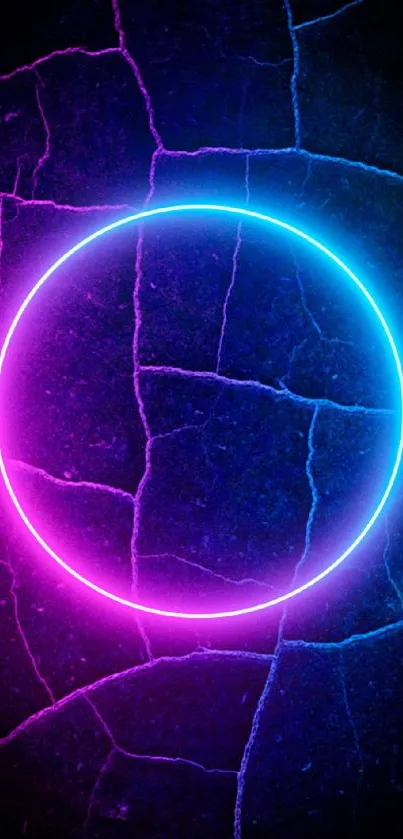 Vibrant neon circle on textured background, featuring blue and pink lights.