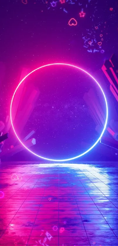 Vibrant neon circle with galaxy backdrop in purple hues.