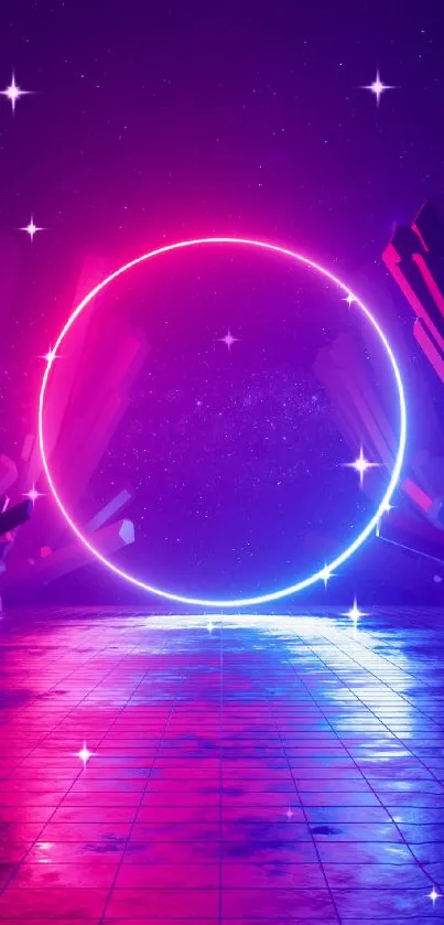 Neon circle on a purple, futuristic floor with cosmic background.