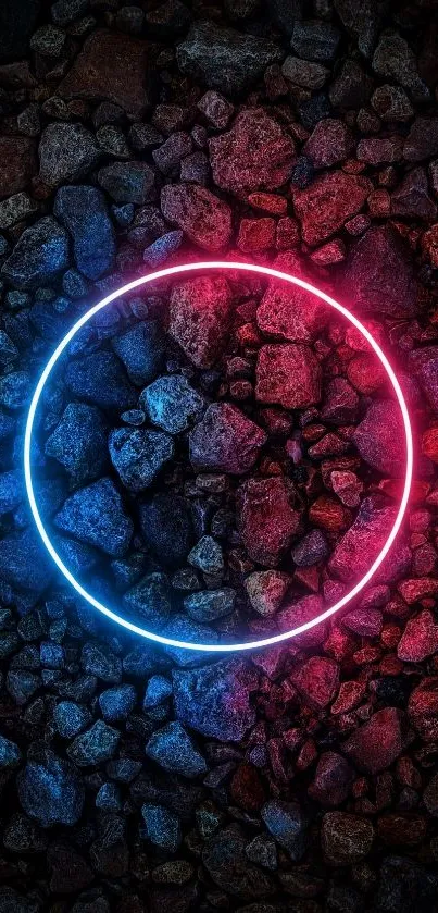 Neon circle on dark rocky background with vibrant glow.