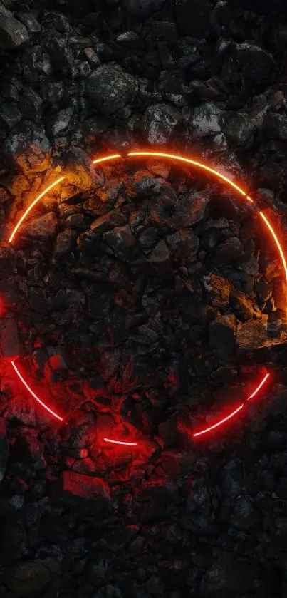 Neon orange ring on dark rocky background wallpaper.