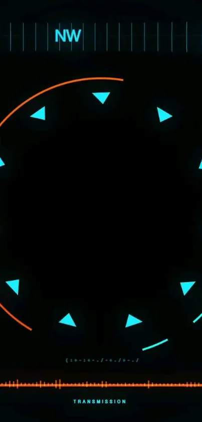 Vibrant neon circle tech wallpaper with blue and orange highlights on black background.