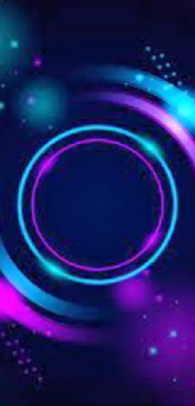 Neon circles with gradient on dark blue background.