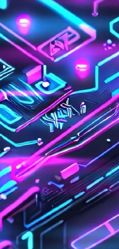 Neon circuit board wallpaper with electric blue and pink hues.