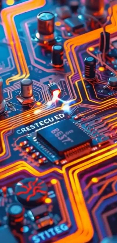 Neon lit circuit board with vibrant colors.