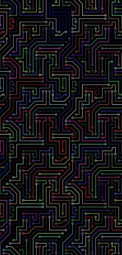 Colorful neon circuit board pattern wallpaper.