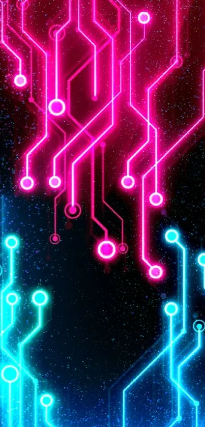 Neon circuit design wallpaper in pink and blue.