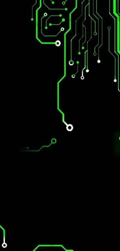 Futuristic neon circuit wallpaper with glowing green circuitry on a dark background.