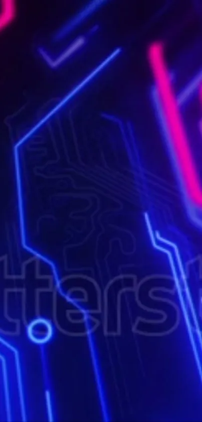 Vibrant neon tech circuit wallpaper with blue and pink glow.