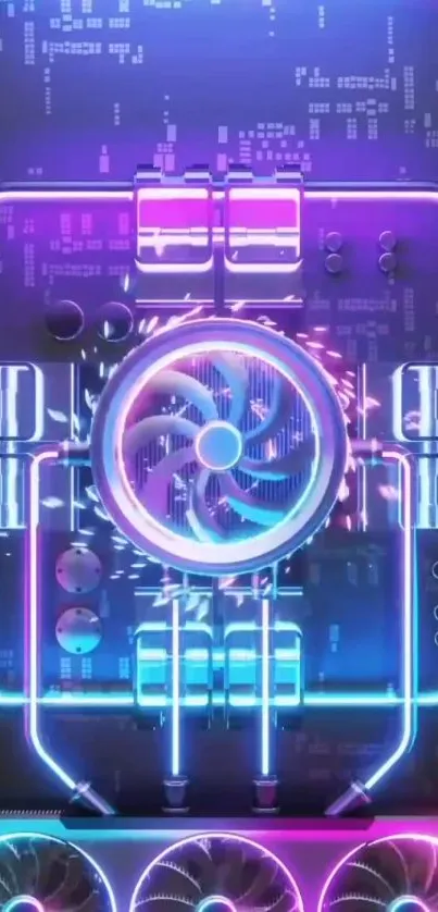 Neon circuit board wallpaper with purple and blue glow.