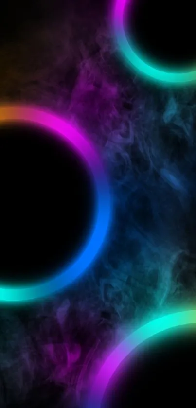 Colorful neon circles with smoke design wallpaper.