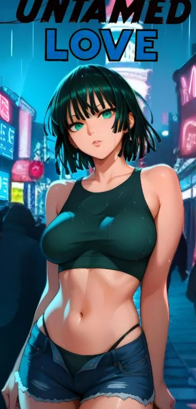 Anime character in neon city at night, embodying untamed love.