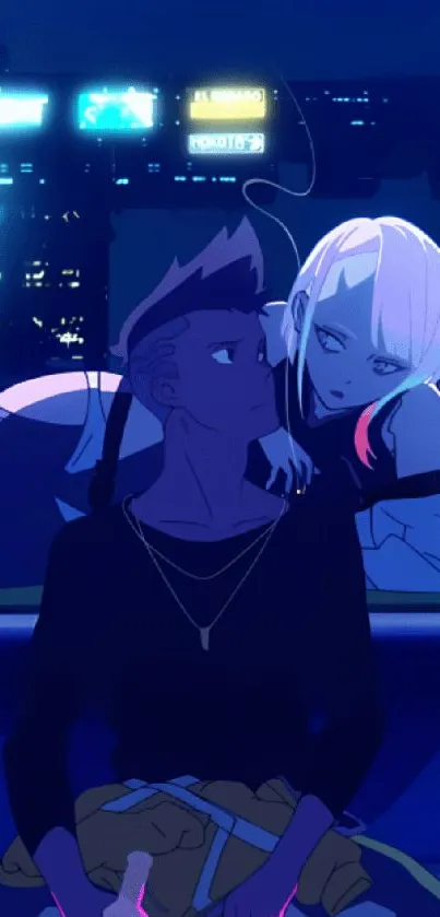 Anime style couple under neon city lights mobile wallpaper.