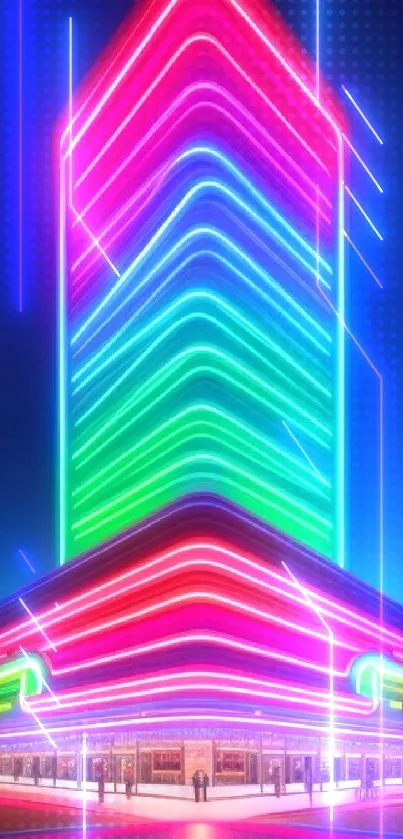 Neon skyscraper with colorful lights in a vibrant cityscape at night.