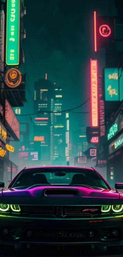 A neon-lit car drives through a futuristic cityscape at night.