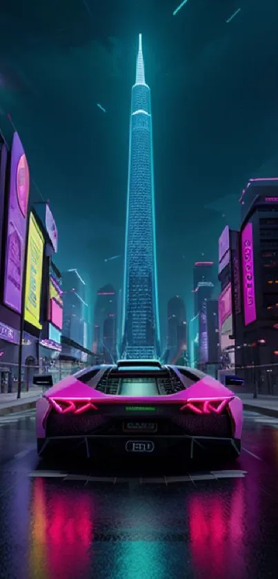 Futuristic cityscape with a sleek car under neon lights at night.