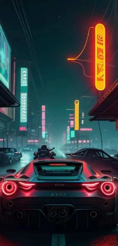 Car under neon lights in a futuristic cityscape at night.