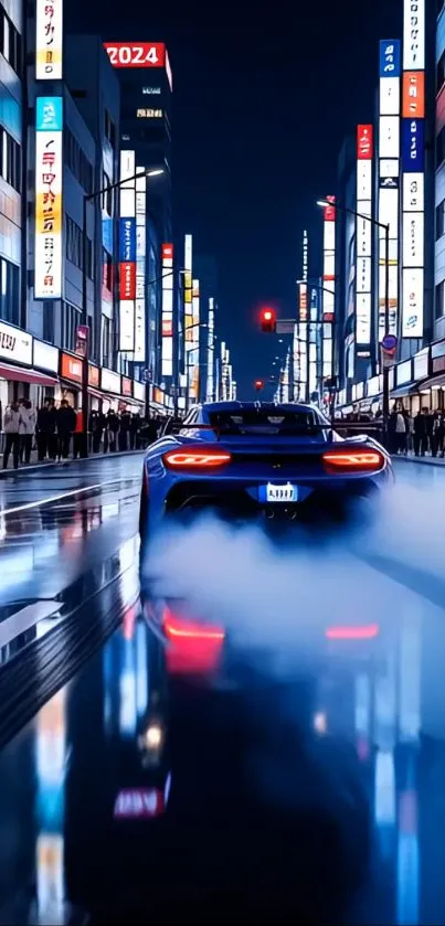 Sleek car in neon cityscape at night.