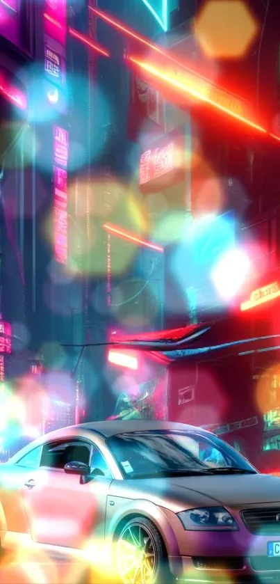 Futuristic car in a neon-lit cityscape, colorful and vibrant art.