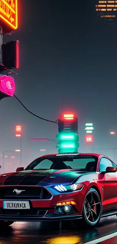 Red sports car in neon-lit city at night, showcasing urban vibrancy.