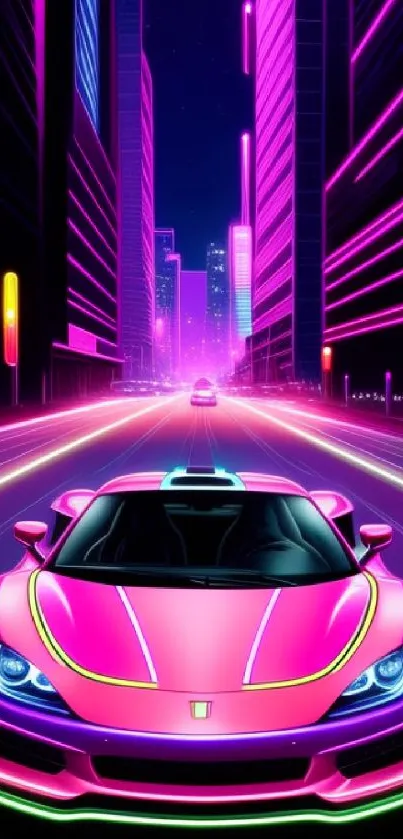 Futuristic pink car driving in neon-lit city street.