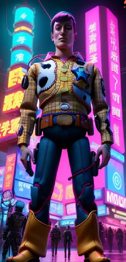 Futuristic character in neon cityscape wallpaper.