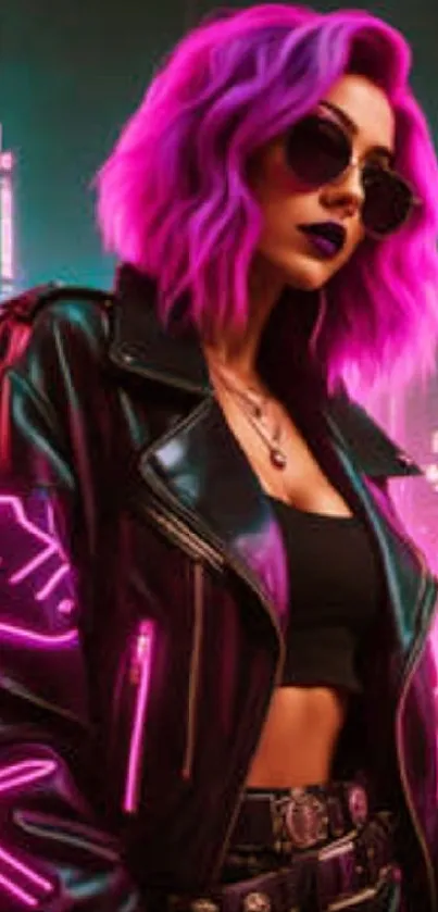 Woman in neon-lit city scene with pink hair.