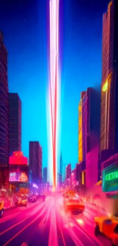 Futuristic neon cityscape with vibrant blue and pink hues.