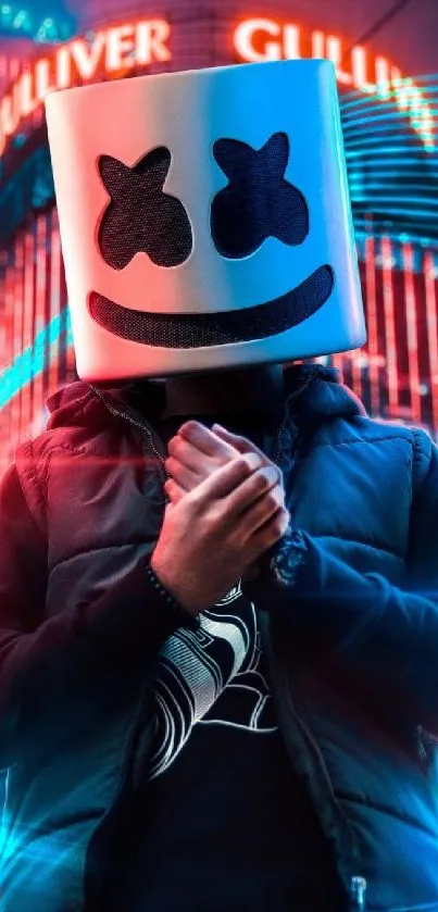 Masked DJ standing in vibrant neon city lights.