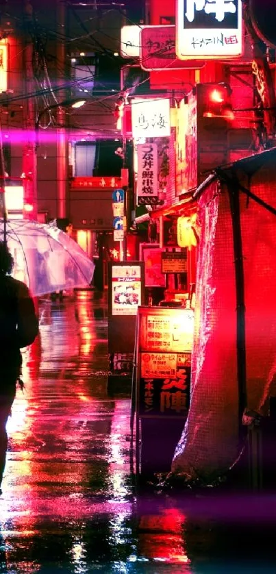 Person walking in a neon-lit city alley, vibrant red atmosphere.