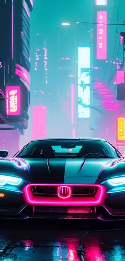 Futuristic sports car in neon-lit city at night.