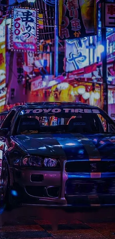 Sleek car under neon city lights at night scene.