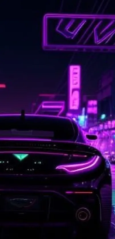Neon-lit futuristic city with sleek car at night.