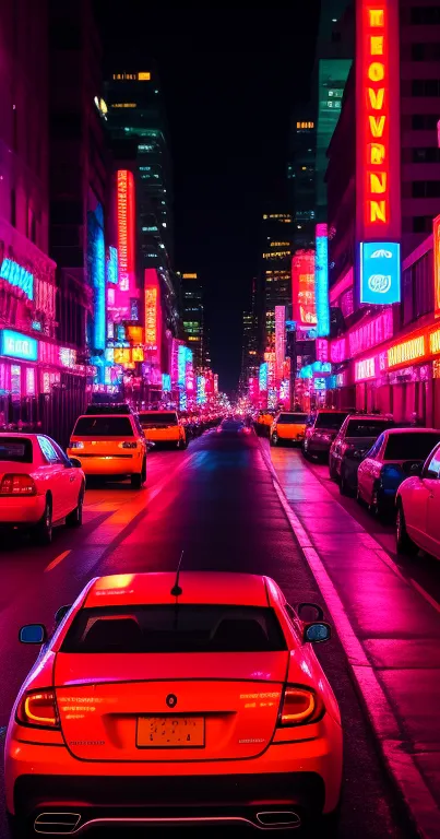 Neon-lit city street with a car driving at night, showcasing vibrant urban energy.