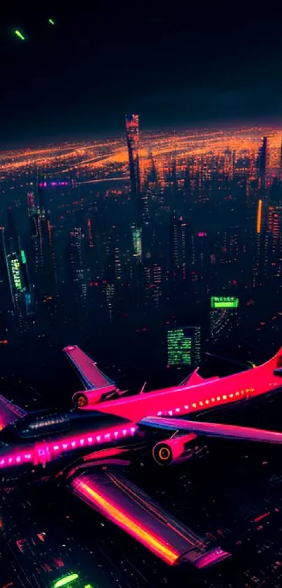 Futuristic cityscape with neon-colored airplane flying over vibrant skyscrapers.