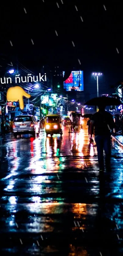 Neon-lit rainy city street at night with vibrant reflections.