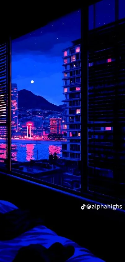 Neon city skyline framed perfectly by a window at night.