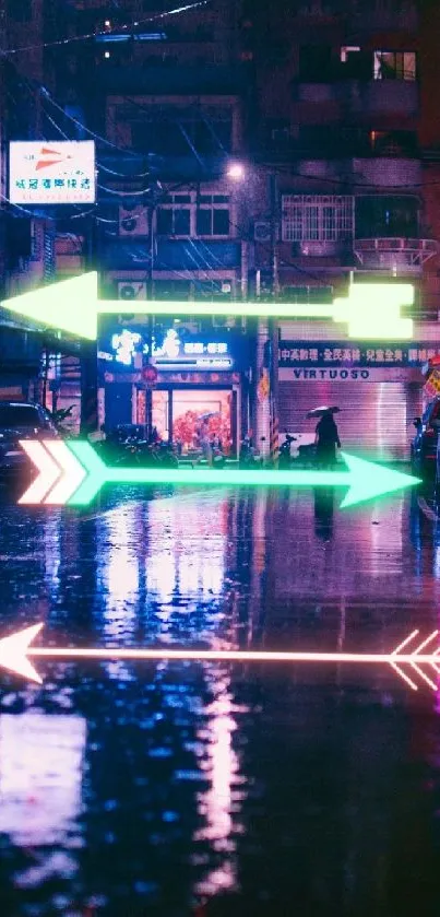 Neon-lit city street at night with glowing arrows and rain reflections.