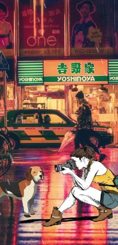 Neon city alley with an animated character and dog in urban night setting.