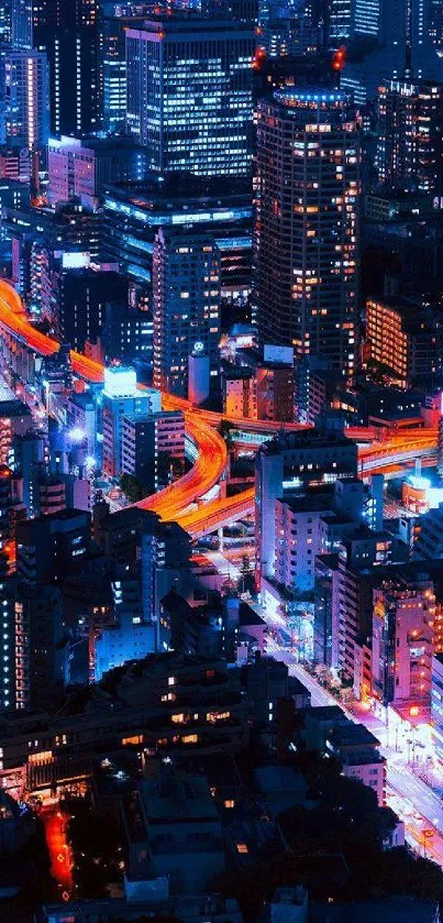 Vibrant neon city nightscape with skyscrapers.