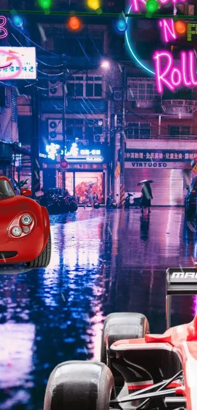 Night city street with neon lights and rain reflections.