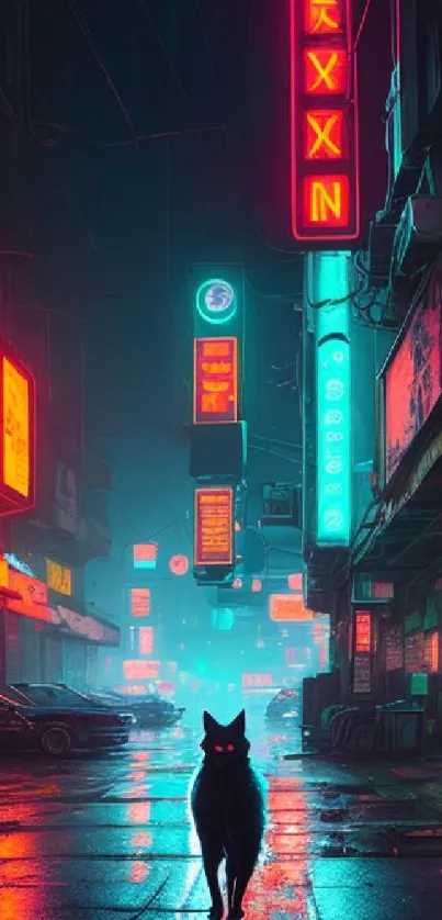 Neon city nightscape with cat silhouette and glowing signs.