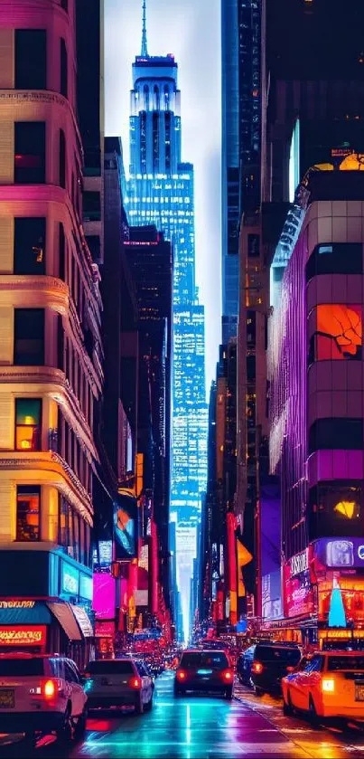 Neon city nightscape with bright lights and bustling streets in a colorful urban setting.