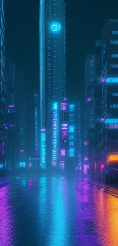 Neon-lit city street reflecting vibrant colors at night.