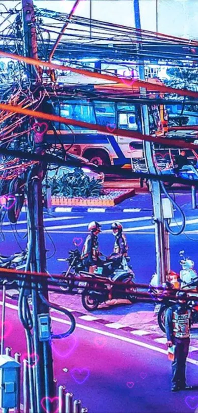 Neon-lit city nightscape with vibrant colors and bustling streets.
